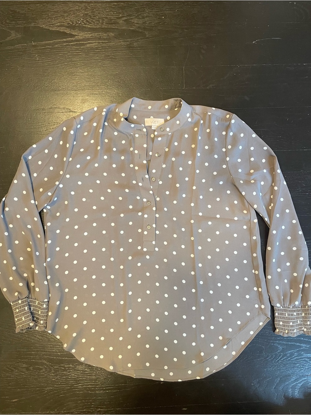 LOFT Gray and White Polka Dot Long-Sleeve Blouse